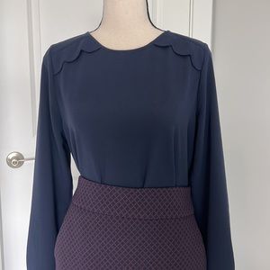 Patterned Skirt and Navy Blouse Outfit, Size 4/M